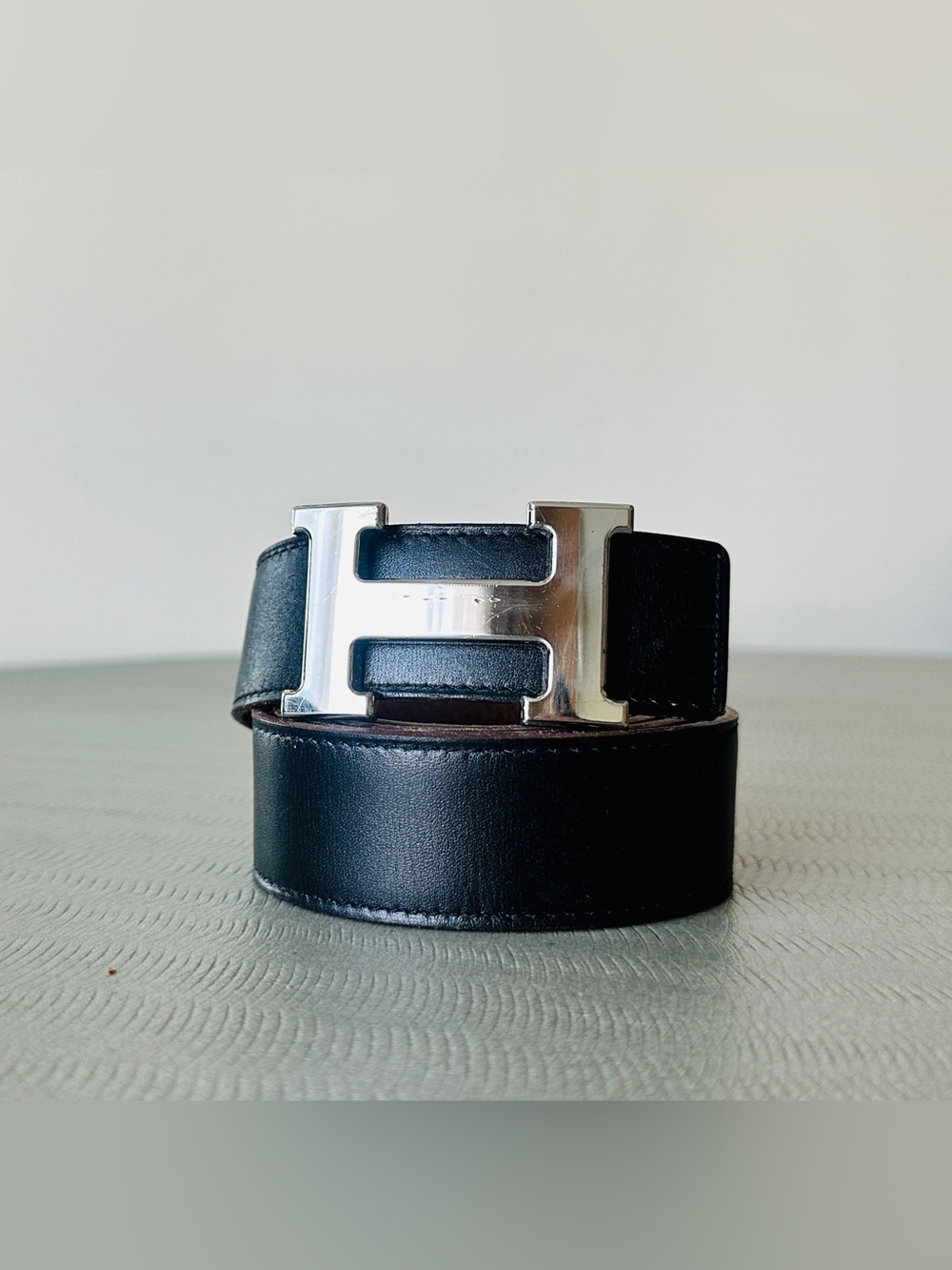 Hermes SILVER Buckle H Belt Black Black Tan Leather Strap 32 mm Width Size 95 Cm - Picture 9 of 16